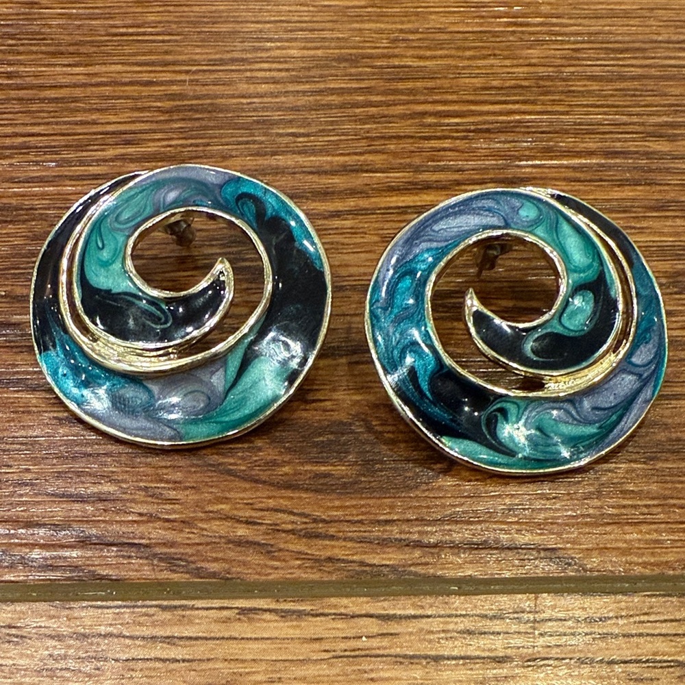 Swirl Statement Earrings in Teal and Black